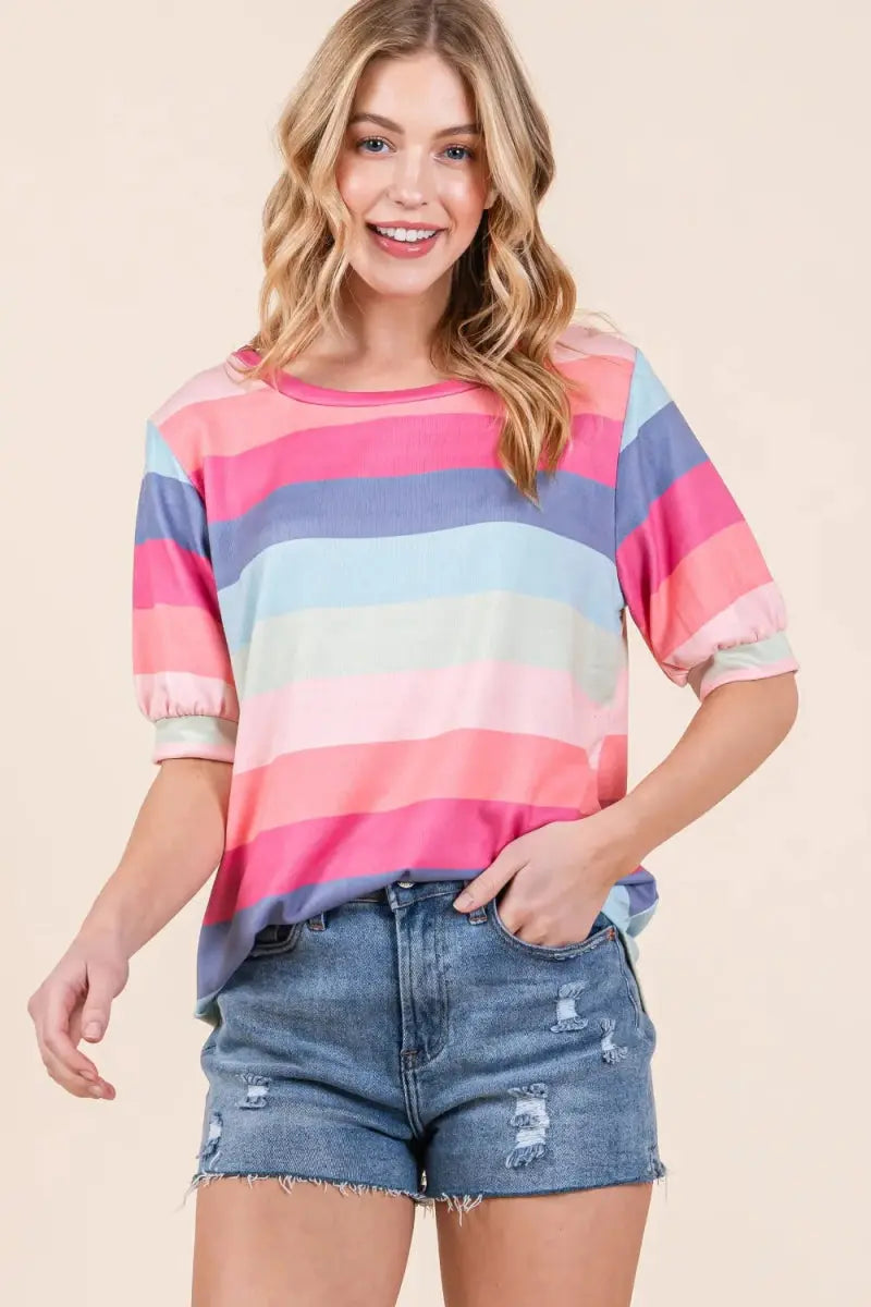 BOMBOM Striped Round Neck Half Sleeve T-Shirt for Women - Love Salve